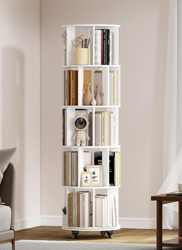 5 Tier 360° Rotating Bookshelf with Larger Capacity, Adjustable Small Space Bookcase on Wheels, Revolving Round Bookshelves, Tall Storage Book Shelf Tower for Bedroom Office Kids Room (White)