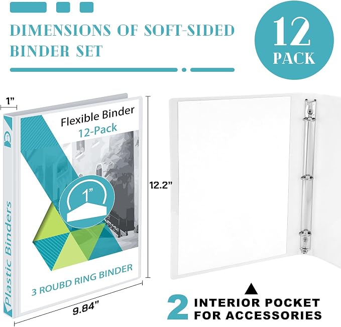 Fulmoon 12 Pcs Economy View 3 Ring Plastic Binder 12.2 x 9.8 Inch Plastic Round Ring Binders with Pockets Notebinder for Meetings for Home, Office, School(White,1 Inch)