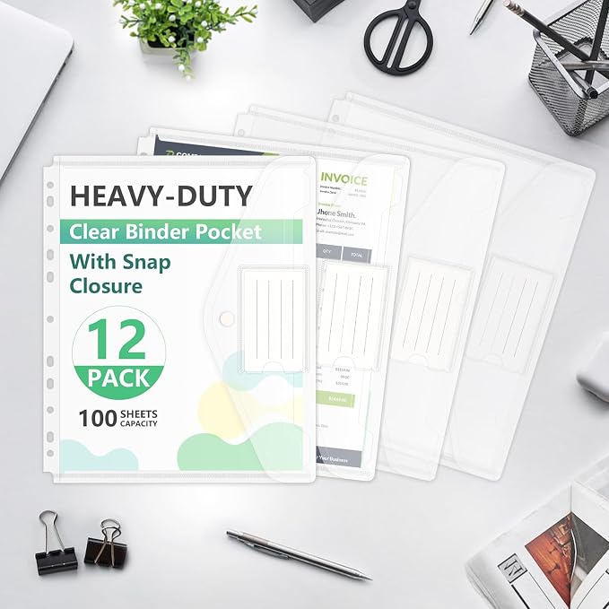 HOUYEE 12 Pack Heavy-Duty Clear Binder Pocket Folders for 2/3/4 Ring Binder | 11 Holes Binder Envelopes with Snap Closure, Plastic Clear Binder Folders for Office, 8 Mil,100 Sheet Capacity, Letter Size