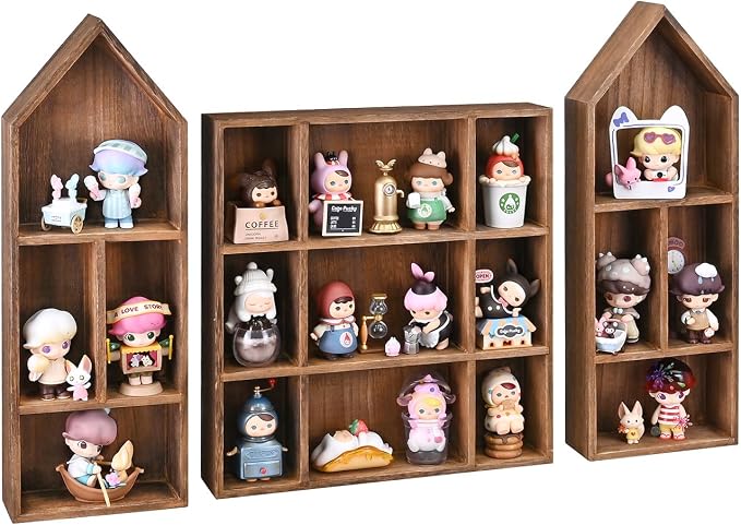 Ikee Design 3-Pc Wooden Shadow Box Shelf for Collectibles | 17 compartments Wooden Shadow Cubby Box Display Shelf Organizer Storage Shadow Box for Collectibles, Figures, Black