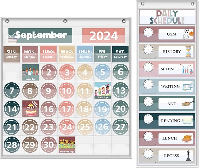 Boczif Monthly Classroom Calendar Pocket Chart (White Calendar+Schedule)