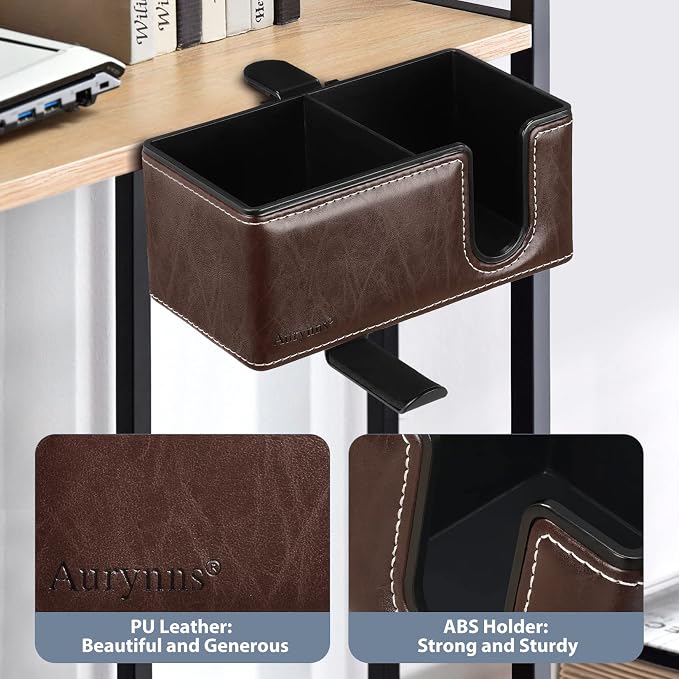 Under Desk Cup Holder Clamp on Cup Holder PU Leather Clip on Desk Organizer | Desk organizer with pencil holder clamp on side, under desk hanging organizer, clip on cup holder desk phone stand holder PU