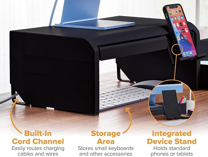 Bostitch Konnect Adjustable Monitor Riser with Drawer, Cell Phone Stand & Pencil Holder, Laptop Stand for Desk, 4 Height Levels, Cable Management & Rubber Feet