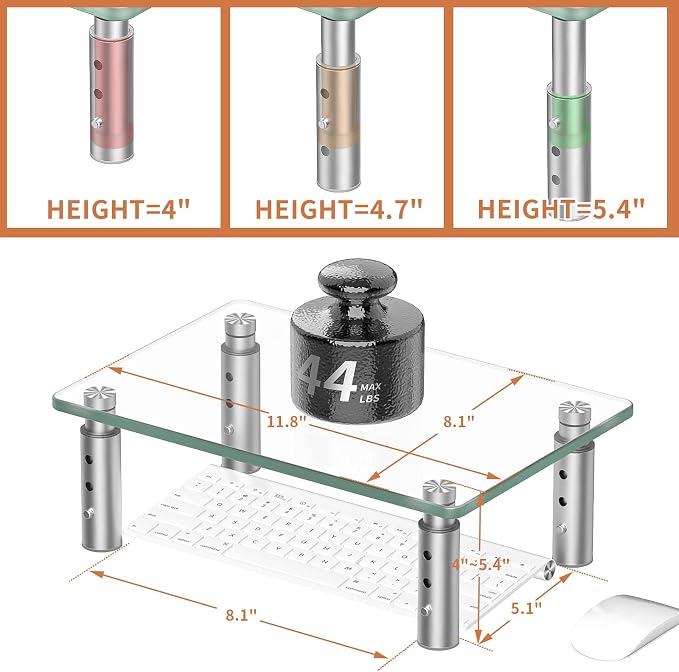 Hemudu Monitor Stand Riser, 3 Height Adjustable Laptop Stand Riser, Monitor Stand Riser for PC, Computer, Laptop Clear
