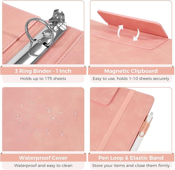 SKYDUE 3 Ring Binder with Magnetic Clipboard, 1 Inch Binder with 5 Dividers | Faux Leather Binder, Folder, Binder Pouch, Plastic Sleeves, and notepad, Ideal for Office & School Supplies Organize