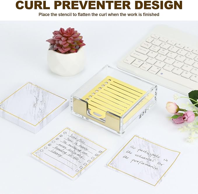 Buqoo Gold Acrylic Sticky Note Holder with Metal Stencil, 2* Sticky Notes | Post It Note Dispenser Sticky Note Pad Holder Organizer for to Do Lists, Grocery Lists