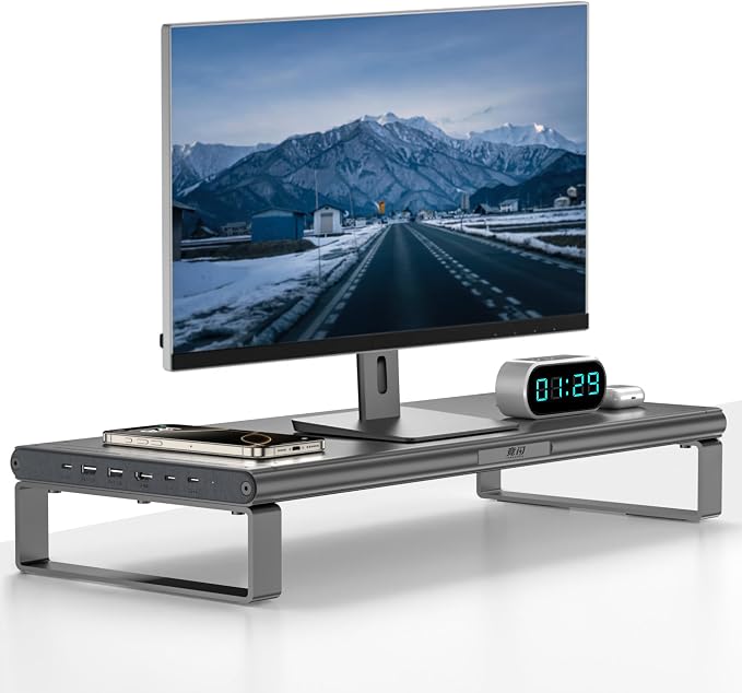 JINRAIKO Monitor Stand with Docking Station, Aluminum Monitor Riser with 6-in-1 Docking Station: 4K HDMI, USB-C, USB 3.0, PD 100W, Wireless Charging,Metal Desk Stand with Storage-Silver Gray
