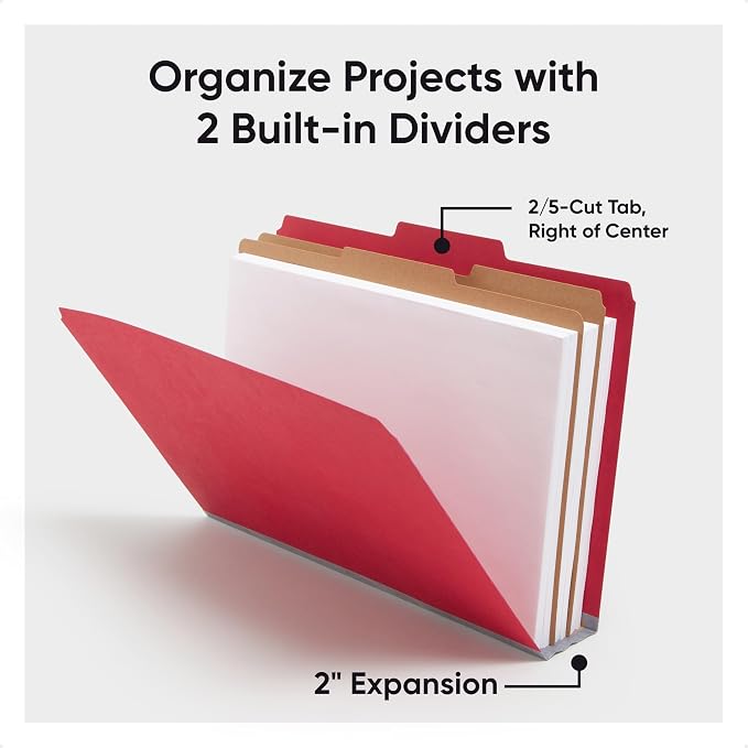 Smead Pressboard Legal Size File Folders with SafeSHIELD Fasteners, 2 Dividers, 2" Expansion, Office Folders, Paper Holder, Bright Red, 10 per Box (19031)