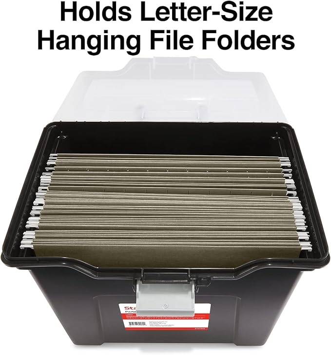 Staples File Folder Tote, Portable Filing Box for Letter Size Hanging Files | Black/clear tote with security latch and built-in lid organizer for easy file transport.