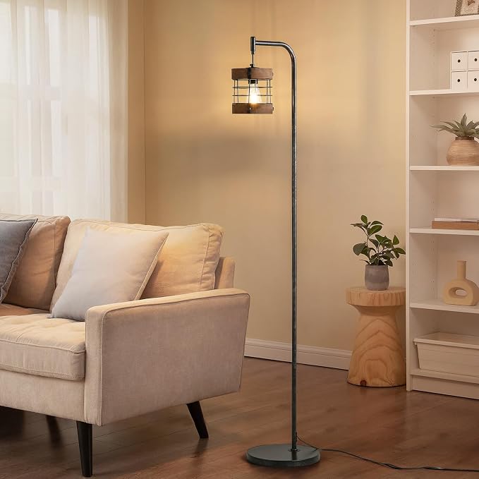 67" Industrial Floor Lamp with Wood & Black Metal Shade, Modern Standing Lamp, Rustic Farmhouse Tall Lamp for Living Room Bedroom Office, 2700K Bulb & Foot Switch Included (BlackSliver+ Wood- FL-2521)