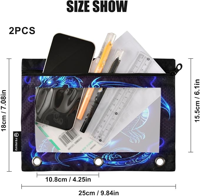 Dragon Blue Black Pencil Pouch for 3 Ring Binder, 2 Pack Waterproof Pencil Bags Clear Window Pencil Case Zipper School Office Supplies