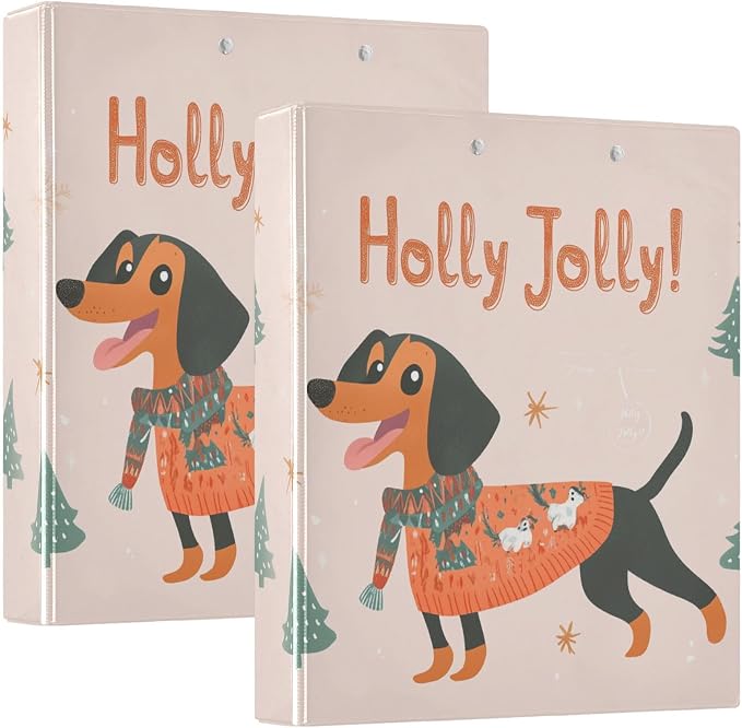 Happy Holly Jolly Dachshund Dog 3 Ring Binder 1.5" Decorative D-Ring Binder with Clipboard&3 Clear Pockets, Holds 200 Sheets A4 Size Paper Waterproof Binders for School Home Office