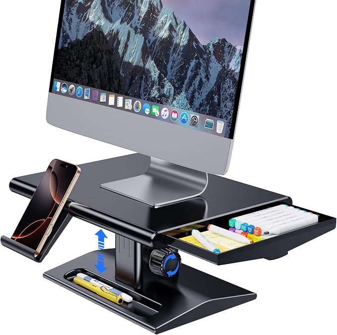 Computer Monitor Stand Riser for Desk,5.7-6.5 Inches Height Adjustable with Storage Drawer & Phone Holder,Workspace Desktop Organizer Monitor Stands Risers Shelf for Computer,Laptop,Printer,TV