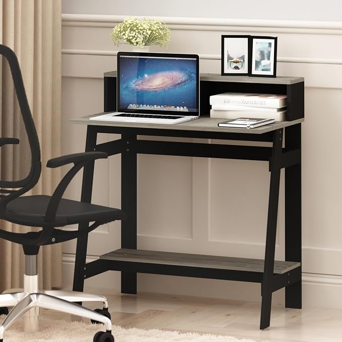 Furinno Simplistic A Frame Computer Desk, Black/French Oak Grey | with Monitor Stand, A Frame Computer Desk, Office Desk, for Home Office, Bedroom, Study Room, Dorm