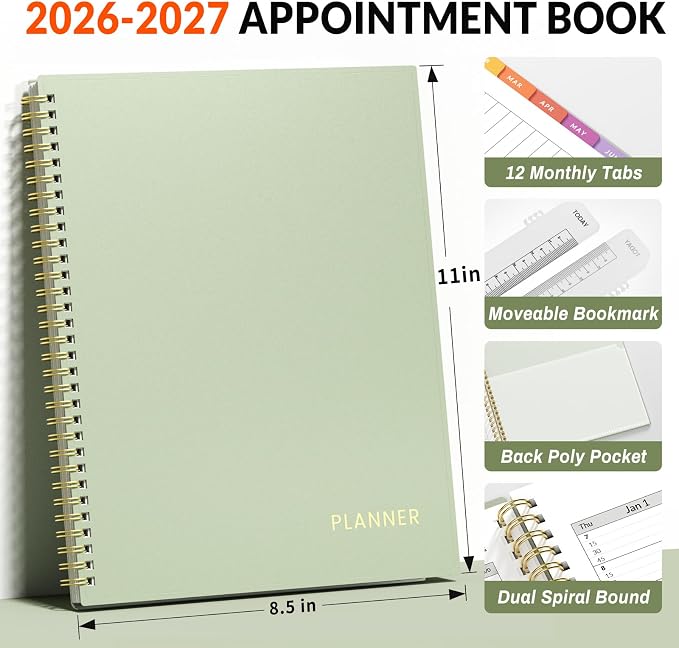SUNEE 2026-2027 Appointment Book, Quarter-Hourly, Weekly & Monthly - from July 2026 to June 2027, 8.5"x11" Academic Planner, Flexible Cover, Note Pages, Bookmark, Spiral Binding, Sage Green