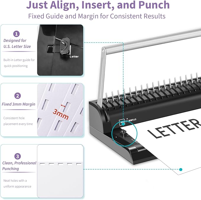 Binditek Binding Machine, 19Hole, 145 Sheets, for Letter Size, Fixed Margin | Comb Binding Machine, Punch 6-8 Sheet, 145 Sheets, Comb Binder Machines with 30 Pcs 1/2" Binding Combs, for Letter Size
