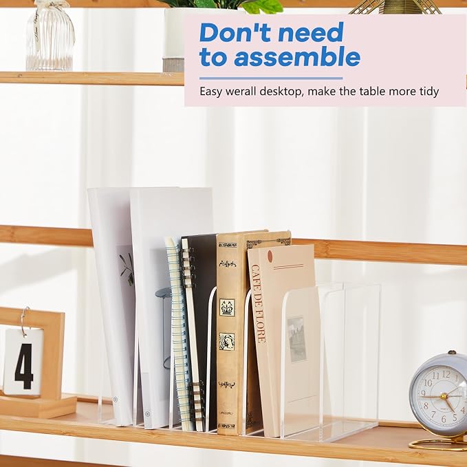 Suzile Clear Acrylic Magazine File Holder with Vertical Compartments Desk Organizer Book Rack for Desk Sorter Paper Folder Office Accessories (Classic,10.5 x 6.9 x 6.3 Inch)
