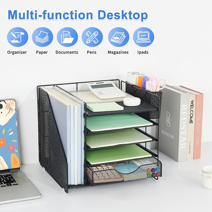 5-Tier Desk Organizer with Drawer and Pen Holder, Black | Paper Letter Tray Organizer with File Holder, Suitable for Workspace Organizer Office Supplies Storage