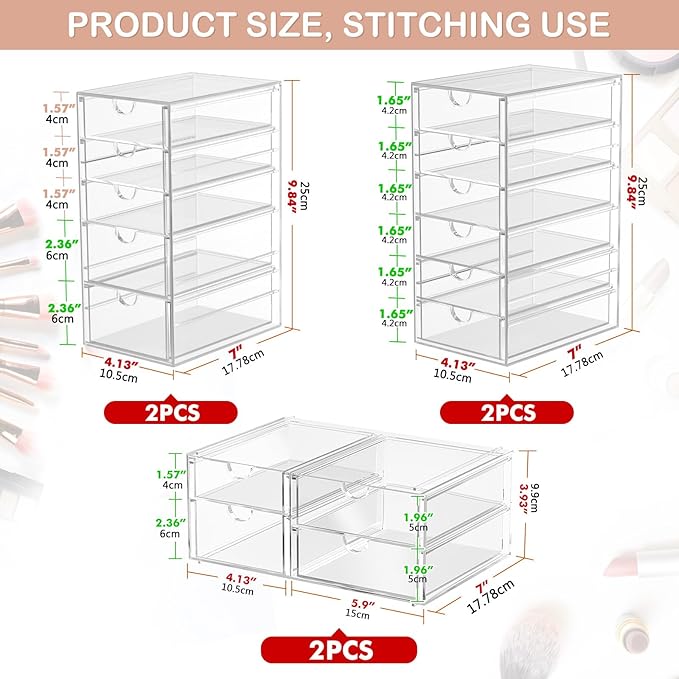 6-Pack 30-Drawer Acrylic Storage & Makeup Organizer for Desk | Smooth-glide drawers, clear body, dustproof, for office supplies, pens, stationery, jewelry, cosmetics, craft bits