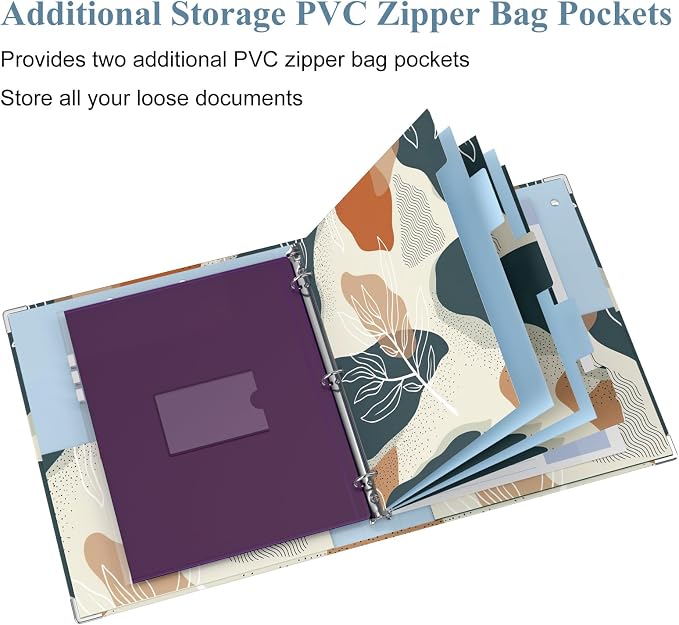 3 Ring Binder, 1 Inches Round Ring Binder with Clipboard, Dividers Tabs, PVC Zipper Bag Sleeves & to Do List Planners for Women, Men, School, Office Supplies, Boho Leaf