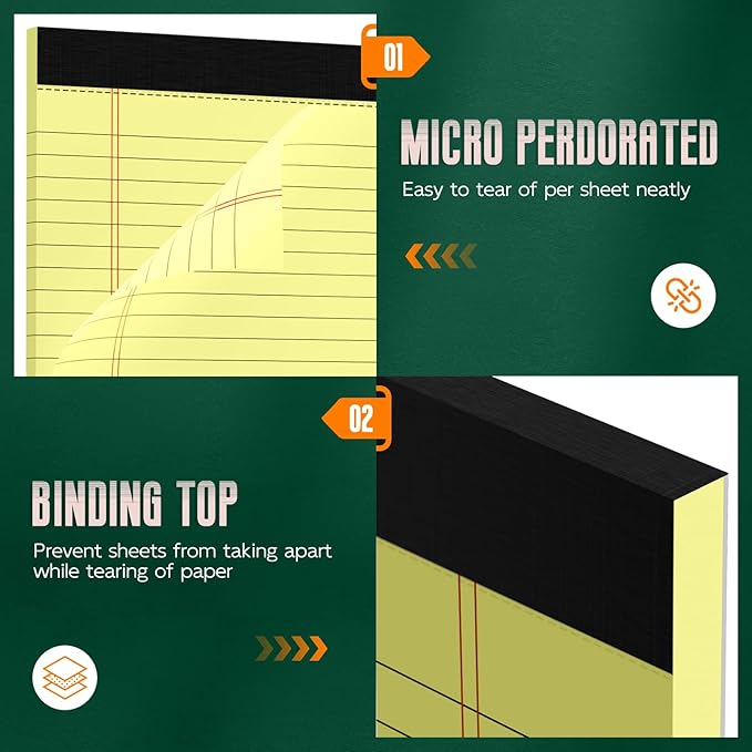 Legal Pads 8.5 x 14 Note Pads, 2 Pack Writing Pads Wide Ruled Notepads, Micro Perforated Yellow Legal Pad 8.5 x 14, Double-Side Printed Lined Paper 30 Sheets Per Note Pads for Home, Office, School