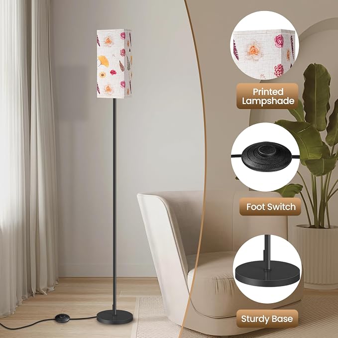64.6" Floor Lamp, Pole Lamp with Foot Switch, Modern Standing Lamp, Minimalist Freestanding Lamp (Bulb Not Included), for Living Room, Bedroom Office ETL Listed, Black and Printed X07LD05