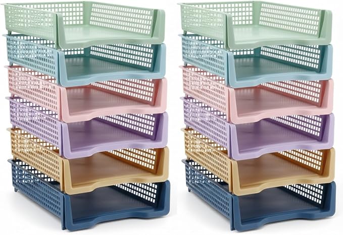 Weysat 12 Pcs Turn in Trays Classroom, Stackable Paper Tray for Classroom Organization Plastic Desk File Organizer Bin Basket for Library Drawer Teacher Office Document Storage (Morandi Pastel,Narrow)