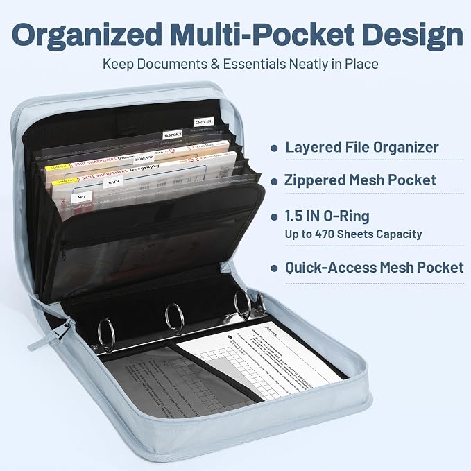 SUNEE Zipper Binder with Handle, 1.5 Inch O-Ring, 325 Pages Capacity, with 5-Tab Expanding File Folder for Classified Storage, Small Size Lightweight Zipper Bag for Middle School Students, Dusk Blue