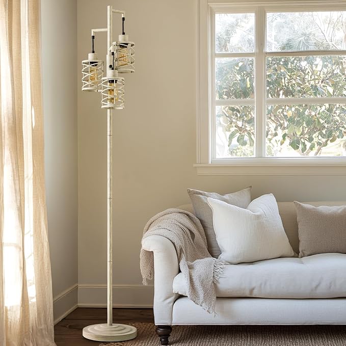 70" Industrial Floor Lamp, Stepless Dimmable Standing Lamp with 3 Bulbs, Farmhouse Corner Standing Tree Lamp for Living Room, Tall Lamps for Bedroom, Office, Dining Room, Antique Beige White