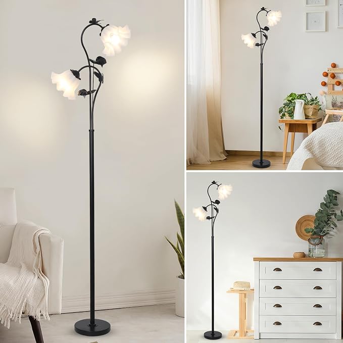 HMVPL Black Floor Lamp for Living Room, Flower Standing Lamp with 2 LED 5W Blubs, Foot Switch, Floral Tall Lamp with Acrylic Shade, Antique Lotus Flower Floor Lamp for Living Room Office Reading