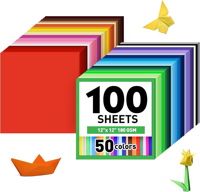 MAXECHO 12" x 12" Colored Cardstock 100 Assorted Sheets in 50 Colors, 180 GSM (65 lb) Bulk Construction Paper, Printer Friendly Card Stock for Printing & Making, DIY Crafts, Cricut, School Supplies