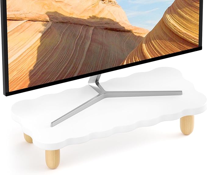 AFOOYO Monitor Stand Riser, Cookie-Shaped Sturdy Wood Computer Monitor Stand for Desk, Ergonomic Desk Stand, Multi-Purpose Desktop Organizer Riser for Computer, Laptop, Printer, TV,White