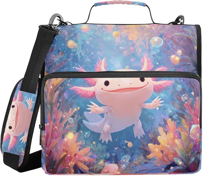 Cute Axolotl Print 3 Ring Zipper Binder with Shoulder Strap & Handle 2 Inch D-Ring Zippered Binder Bag with Multiple Pocket & Pencil Pouch, Binder Organizer for School or Office
