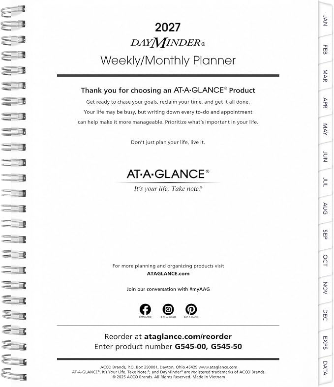 AT-A-GLANCE 2027 Refill for Executive Planner G54500, Weekly & Monthly, 7" x 8.75", DayMinder (G5455027)