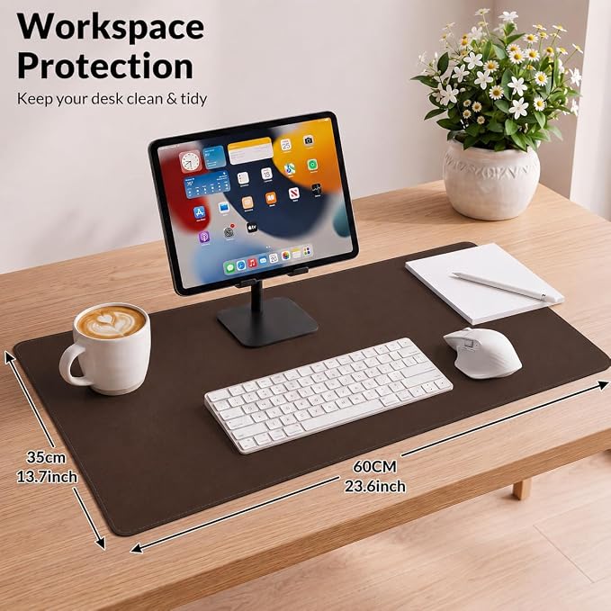 AFIING Leather Desk pad Protector, 35.4" x 17", Coffee,Desk mat | Dual-Sided Cork & PU Leather, Waterproof, Non-Slip, For Office & Gaming