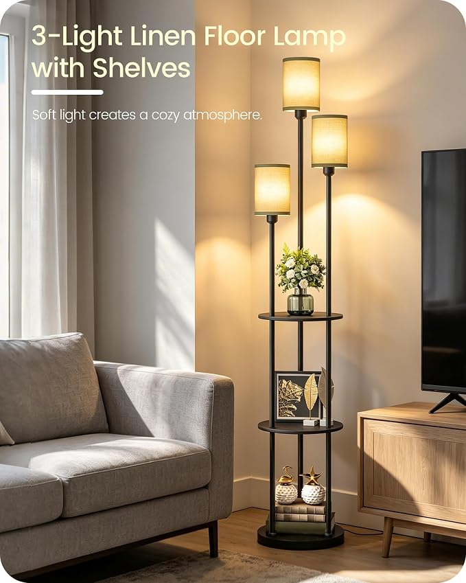 Floor Lamp with Shelves, Modern Floor Lamp with 3 Linen Shades and Foot Switch, 3-Light Standing Lamp, for Living Room, Bedroom, Study, Office, Black and Green J53LD05