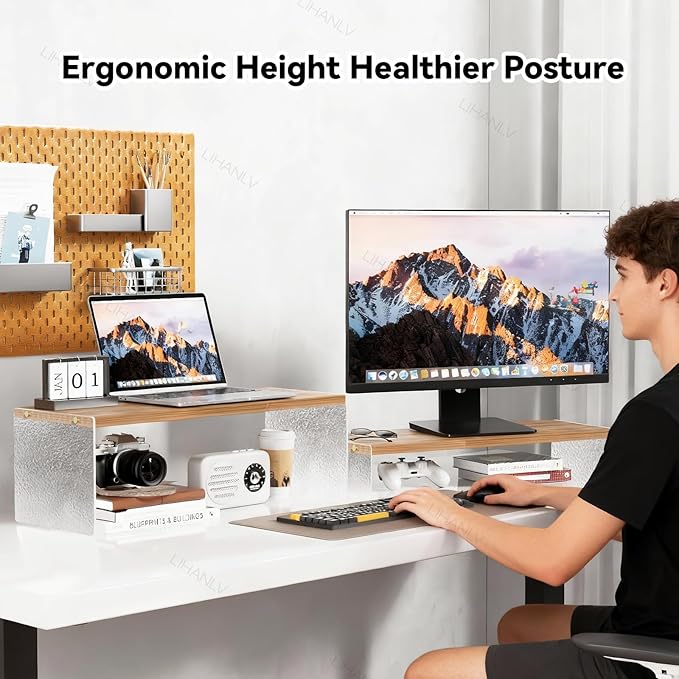 YGYQZ Adjustable Monitor Stand Riser, 7.67"×19.3" Dual Monitor Desk Stand | Adjustable Monitor Riser, Expandable Desk Organizer, 2-Tier Storage, Acrylic Legs, Ergonomic Workspace, Wood Glacial Striae