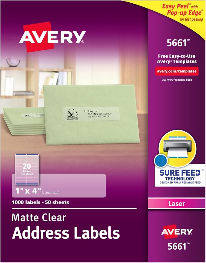 Avery® Printable Address Labels, Sure Feed® Technology, 1" x 4", Matte Clear, 1,000 Blank Mailing Labels (05661)