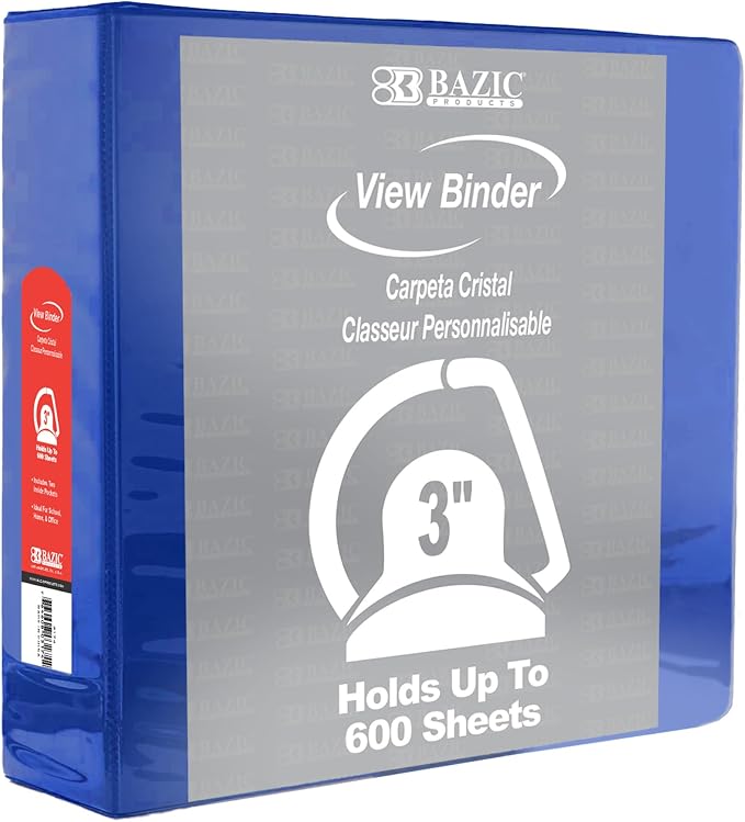 BAZIC Products 3" Blue 3-Ring View Binder, Slant-D Ring, 2 Pockets | 2 inside pockets, 3 in Blue view 3-ring binder, slant-D rings, holds up to 600 sheets, Durable poly cover