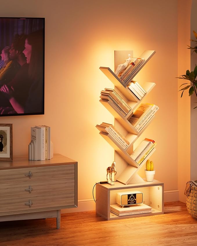 Evermagin 6 Tier Tree Bookshelf with Lights, LED Book Tree Bookcase | White with Storage Organizer, Small Corner Bookshelf Floor Standing Book Shelf for Living Room, Bedroom & Home Office