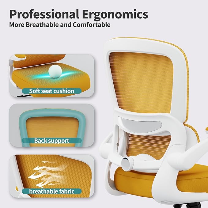 TRALT Office Chair - Ergonomic Desk Chair with Adjustable Lumbar Support, Mesh Computer Chair, Executive Chair for Home Office Comfortable Lumbar Support (1, White Yellow)