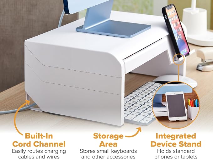 Bostitch Konnect Adjustable Monitor Riser with Drawer & Cell Phone Holder, Laptop Stand for Desk, 4 Height Levels, Cable Management & Rubber Feet