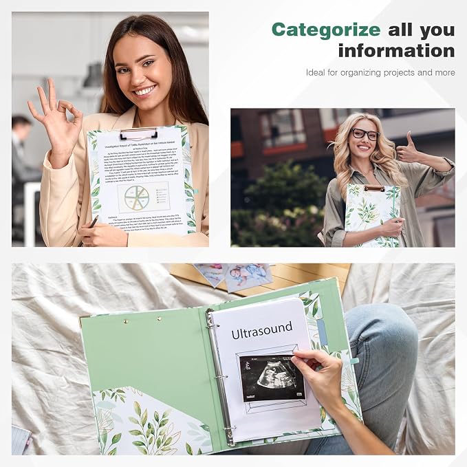 Ospelelf Binder 3 Ring 1 Inch, Green Floral Round Ring Clipboard Binder for Letter Size Paper with 5 Tab Dividers, for School and Office Supplies