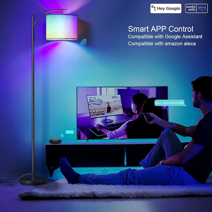 SUNMORY Arc Floor Lamp, Smart APP Remote Control Standing RGB Lamp | Tall Lamp with RGB Bulb & Hanging Lampshade, Dimmable Floor Lamp, Modern Floor Lamps for Living Room, Bedroom, Office