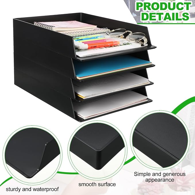 6 Pcs Stackable Paper Trays Rectangular Plastic Desk Holder Desktop Document File Organizer Storage Letter for Office Classroom (Black)