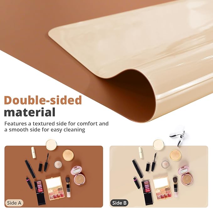 LovePads Makeup Mat for Vanity, 14" x 24" PVC Desk Mat & Dresser Cover Top | Waterproof Desk Protector, Vanity and Desk Accessories; Wipes Clean, Ideal for Writing, Nail Art, Craft Table, Brown+Beige