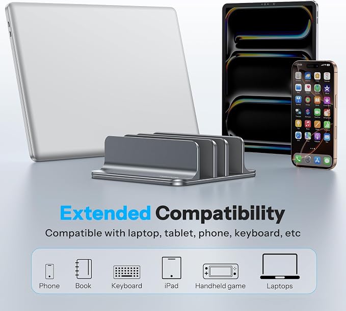 OMOTON 3-Slot Multiple Vertical Laptop Stand, Fits All MacBook, Grey | Adjustable Width 0-1.38", Aluminum Office Space-Saving for Desk, Fits MacBook/Book/iPad Up to 17.3in
