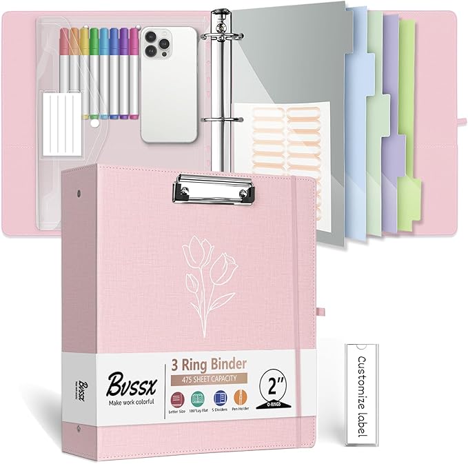 3 Ring Binder, 2 Inch Linen Binders Organizer for Letter Size (8.5" x 11") Paper with 5-Tabs Pockets Dividers, BVSSX Leather Three Ring Binders with Clipboard, Plastic Folder, Pen Loop - Pink Tulips