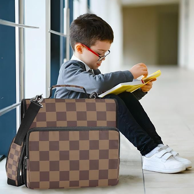 3 Ring Zipper Binder with Shoulder Strap Brown Checkerboard B 1.5 inch Binders Keeper Large Capacity Multi Pockets for School Office Supplies