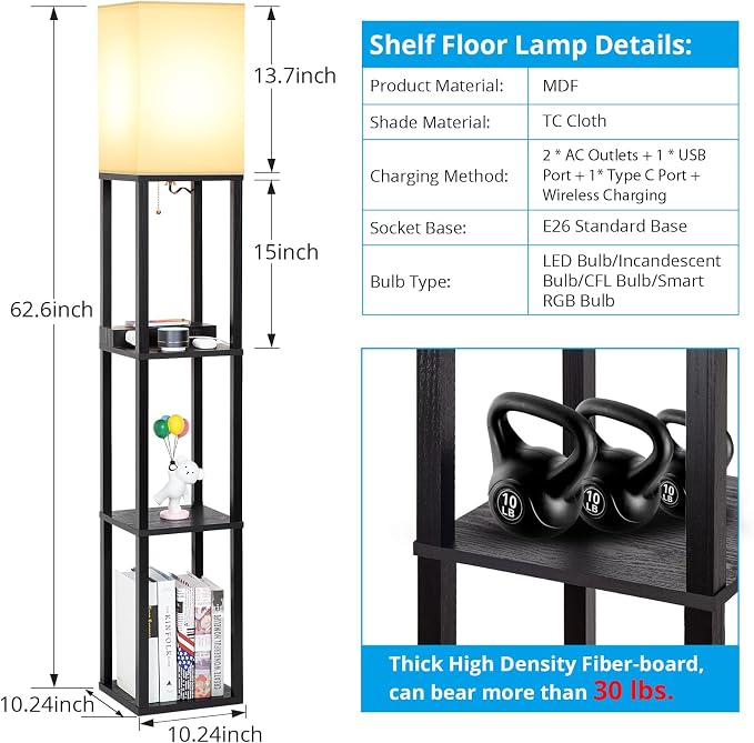 Shelf Floor Lamp with Wireless Charger, USB, Type C, AC Port,Black | Fast Charging USB Ports & Type C Port & 2 Power Outlets, 3 Tier Storage Shelf Lamp, E26 Base, 60W Max(Bulb Not Included)
